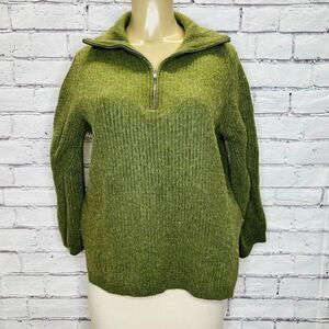 White + Warren Women Green Merino Wool Blend Half Zip Ribbed Pullover Sweater XS